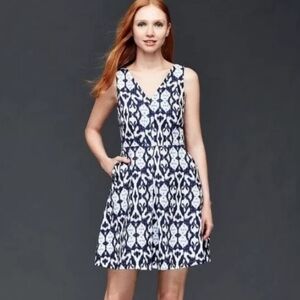 GAP Sleeveless Fit and Flare Ikat Print Linen Dress Blue